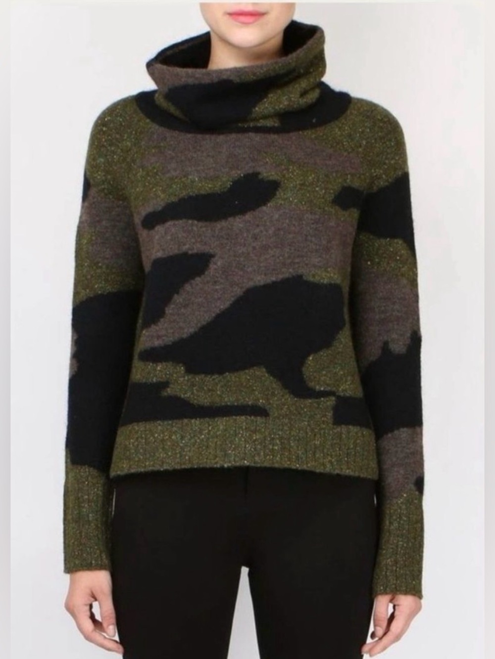 Veronica Beard Davis Camo Cowl Neck Sweater Alpaca Wool Silk Blend Green